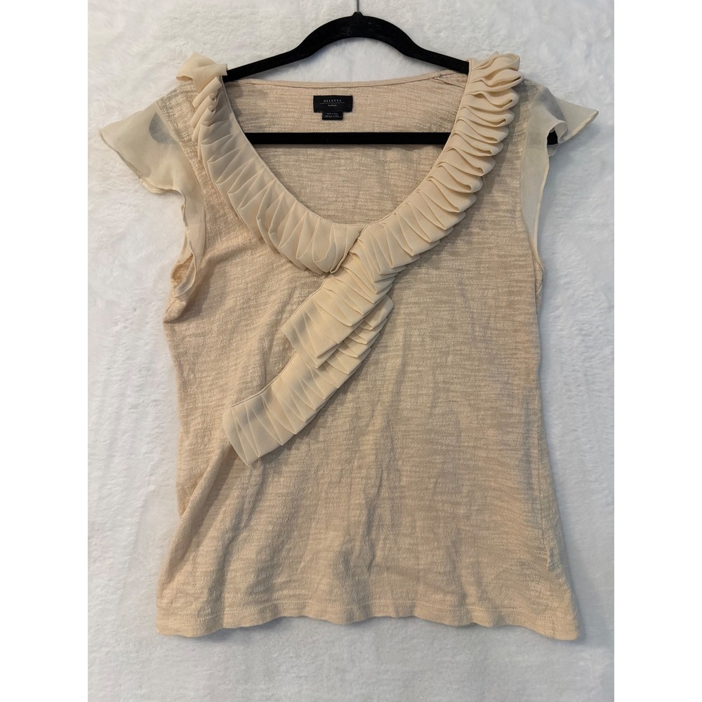 Deletta Anthropologie‎ Ruffle Neck Flutter Sleeve Slub Knit Top Medium